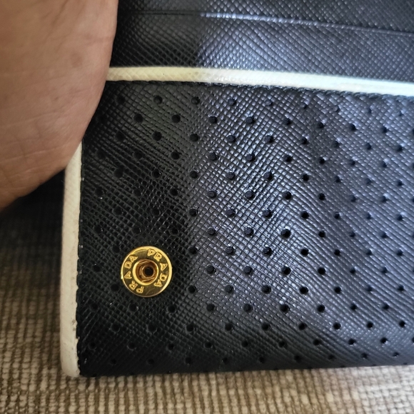 Prada Black/White Perforated Saffiano Leather Flap Continental Wallet - Picture 11 of 12
